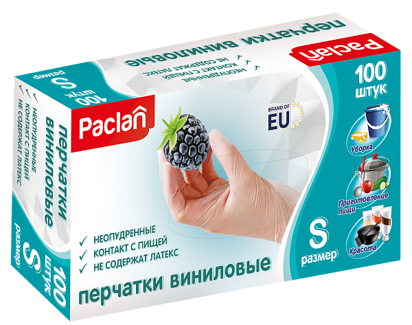Перчатки виниловые Paclan, S, M, L, XL, 100 шт.