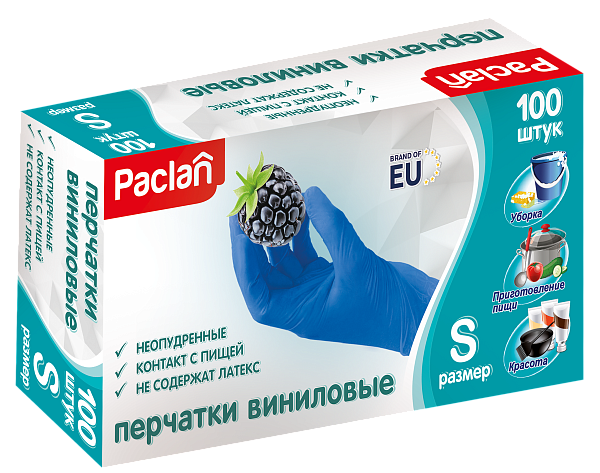 Перчатки виниловые Paclan, S, M, L, 100 шт. голубые