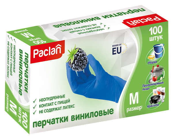 Перчатки виниловые Paclan, S, M, L, 100 шт. голубые