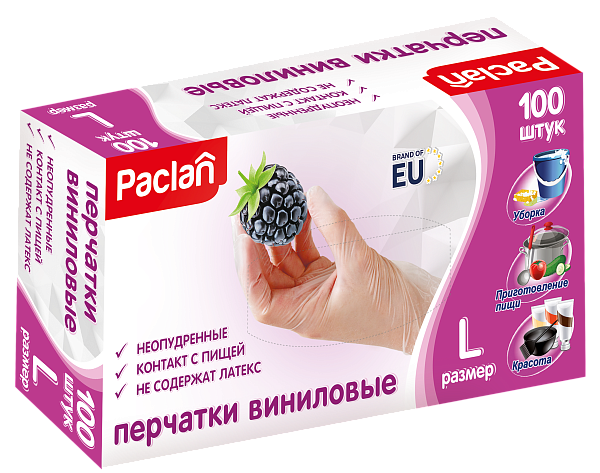 Перчатки виниловые Paclan, S, M, L, XL, 100 шт.