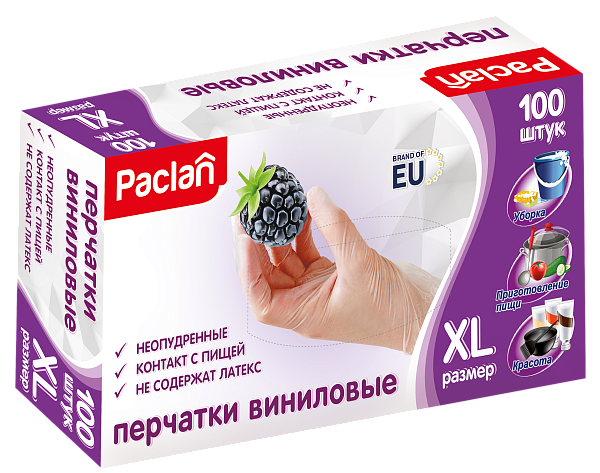 Перчатки виниловые Paclan, S, M, L, XL, 100 шт.